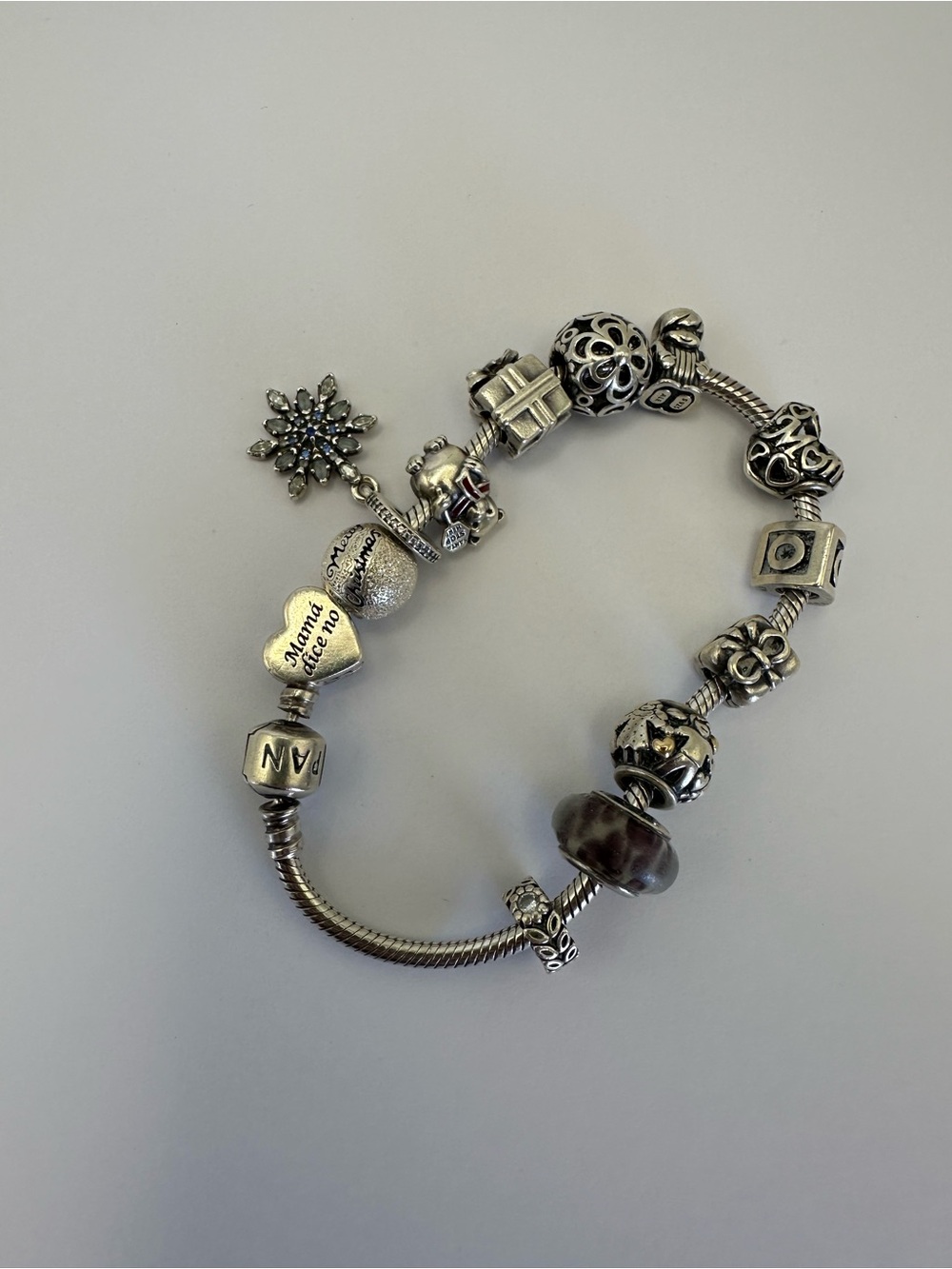 Pandora Silver Charm Bracelet with 10 charms! (both present charms missing)